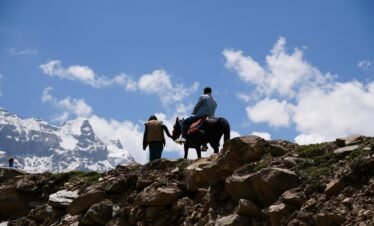 Local guide on horseback on a rocky ridge above Fairy Meadows with snow-capped Nanga Parbat peaks behind, northern Pakistan