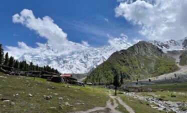 Trekking trail past traditional wooden animal shelters at Fairy Meadows with the full Nanga Parbat massif spanning the horizon, northern Pakistan