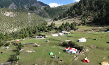 Aerial view of trekking camp in the forested meadows on the approach to Rakaposhi Base Camp, northern Pakistan