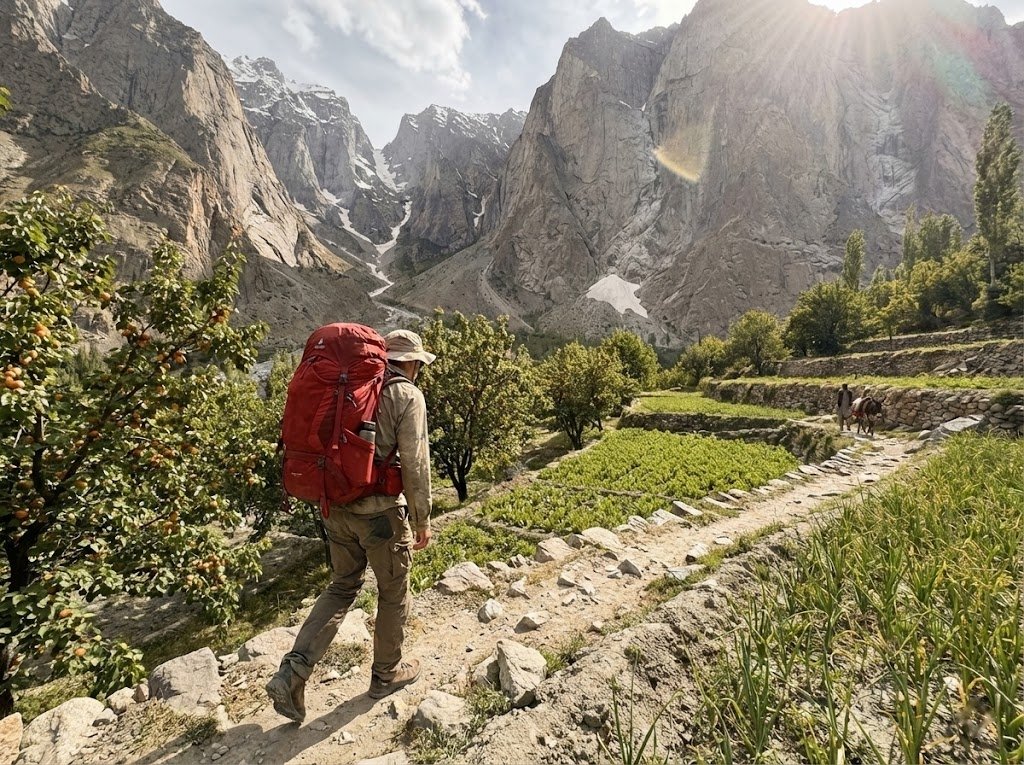 Solo trekker on the narrow rocky trail through Hushe Valley approaching Nangma Valley, terraced fields and towering mountain walls, Skardu Pakistan