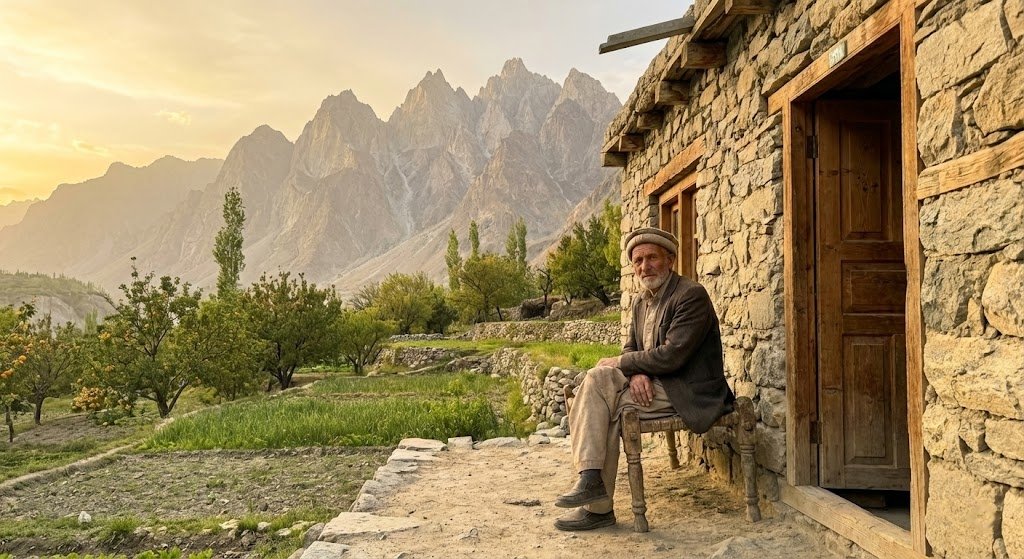 Traditional stone houses of Hushe village with terraced green fields and towering rocky Karakoram peaks, gateway to Nangma Valley Skardu Pakistan