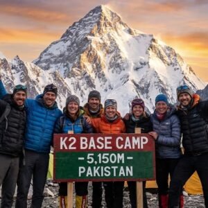 A group of trekkers celebrating at K2 Base Camp, posing behind a red and green wooden sign that reads "K2 BASE CAMP - 5,150M - PAKISTAN" with the mountain peak glowing in the sunset behind them