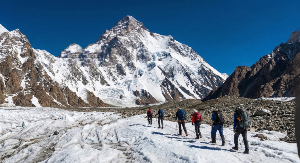 A group of trekkers walking on the white, cracked surface of a glacier, heading directly toward the massive, snow-covered face of K2 under a brilliant blue sky.