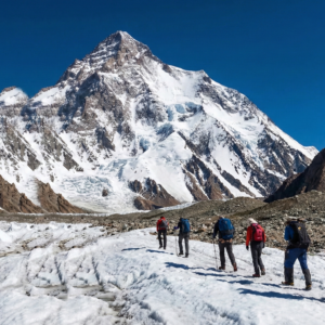 A group of trekkers walking on the white, cracked surface of a glacier, heading directly toward the massive, snow-covered face of K2 under a brilliant blue sky.