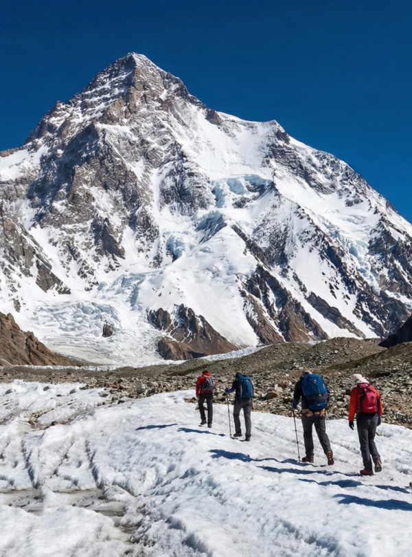 A group of trekkers walking on the white, cracked surface of a glacier, heading directly toward the massive, snow-covered face of K2 under a brilliant blue sky.