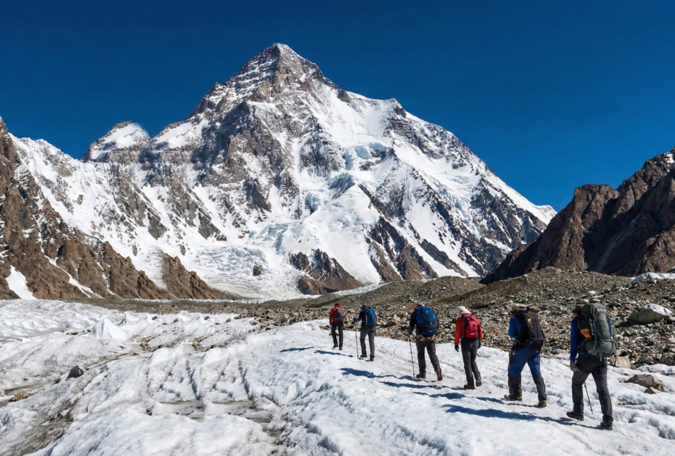 A group of trekkers walking on the white, cracked surface of a glacier, heading directly toward the massive, snow-covered face of K2 under a brilliant blue sky.