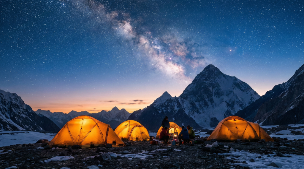 A cinematic night view of a mountain camp where several tents glow with warm light from within, set against the backdrop of the Milky Way and the dark silhouette of K2.