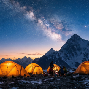 A cinematic night view of a mountain camp where several tents glow with warm light from within, set against the backdrop of the Milky Way and the dark silhouette of K2.