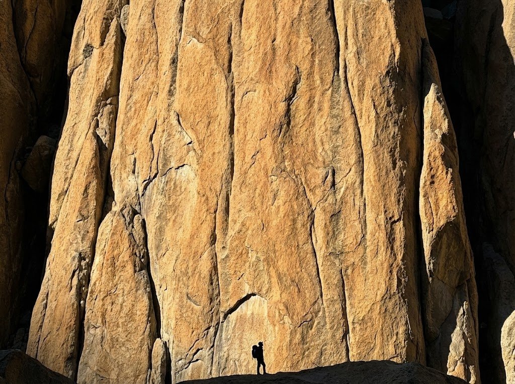 Towering vertical granite rock face in Nangma Valley Skardu Pakistan, known as the Yosemite of the Karakoram, trekker at base for scale