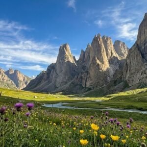 Panoramic view of Nangma Valley Pakistan, dramatic vertical granite towers rising above lush green wildflower meadows, Karakoram Skardu