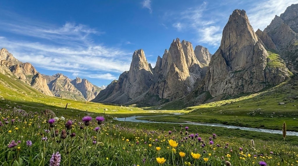 Panoramic view of Nangma Valley Pakistan, dramatic vertical granite towers rising above lush green wildflower meadows, Karakoram Skardu