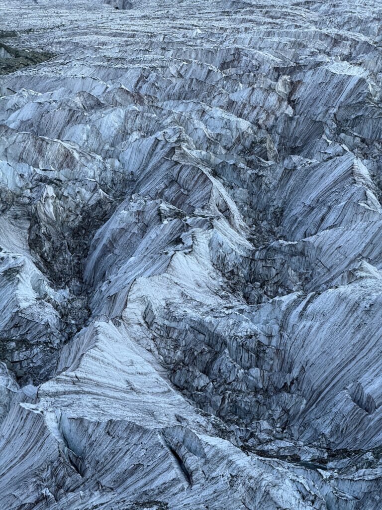 Dramatic close-up of deep crevasses and fractured ice on the Rakaposhi glacier, Karakoram range northern Pakistan