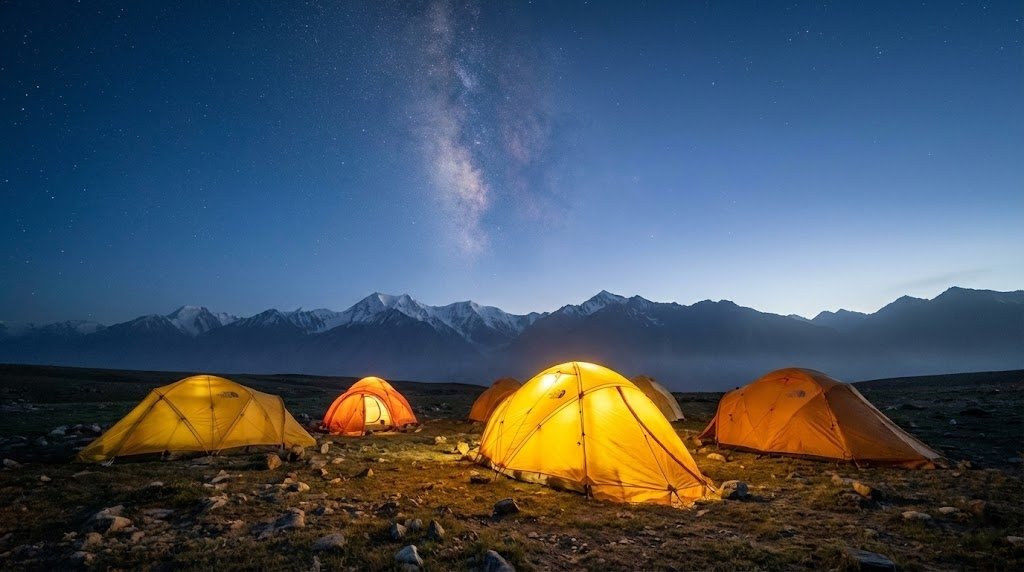 Expedition tents pitched on the Shimshal Pamir plateau at dusk with the Milky Way above snow-capped peaks, high altitude trekking Pakistan