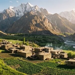 Remote traditional stone village of Shimshal nestled in a narrow Karakoram valley with terraced green fields, Hunza northern Pakistan