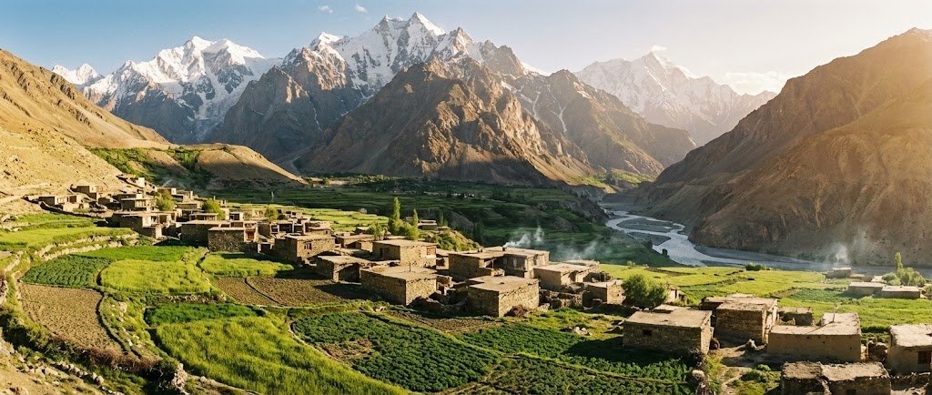 Remote traditional stone village of Shimshal nestled in a narrow Karakoram valley with terraced green fields, Hunza northern Pakistan