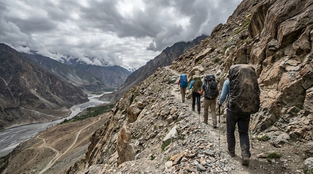 Trekkers with backpacks ascending the rocky trail toward Shimshal Pass on a trekking tour in northern Pakistan