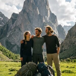 Trekkers celebrating arrival in the green meadows of Nangma Valley with a dramatic granite spire rising directly behind, Skardu northern Pakistan