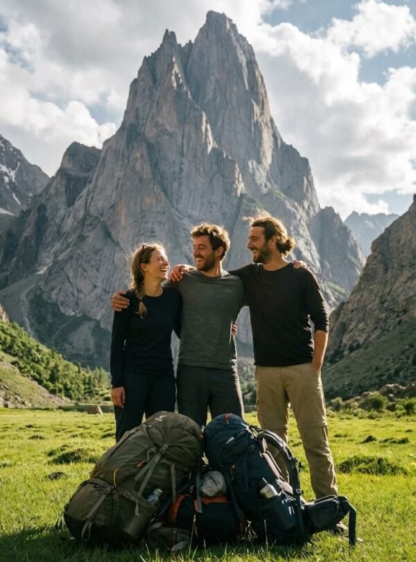 Trekkers celebrating arrival in the green meadows of Nangma Valley with a dramatic granite spire rising directly behind, Skardu northern Pakistan