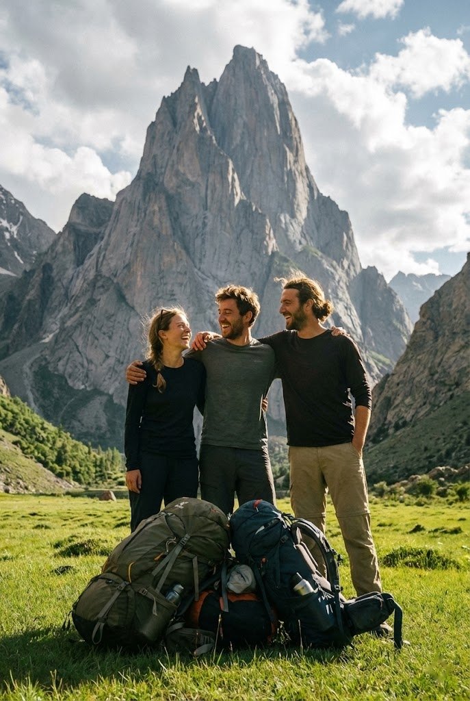 Trekkers celebrating arrival in the green meadows of Nangma Valley with a dramatic granite spire rising directly behind, Skardu northern Pakistan