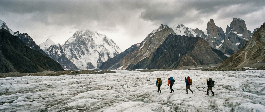 A group of four trekkers with large backpacks walking across the vast, rugged white ice of the Baltoro Glacier under a dramatic, overcast sky with jagged rocky peaks in the background.