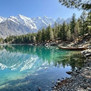 Crystal clear turquoise waters of Upper Kachura Lake reflecting snow-capped Karakoram peaks, Skardu northern Pakistan
