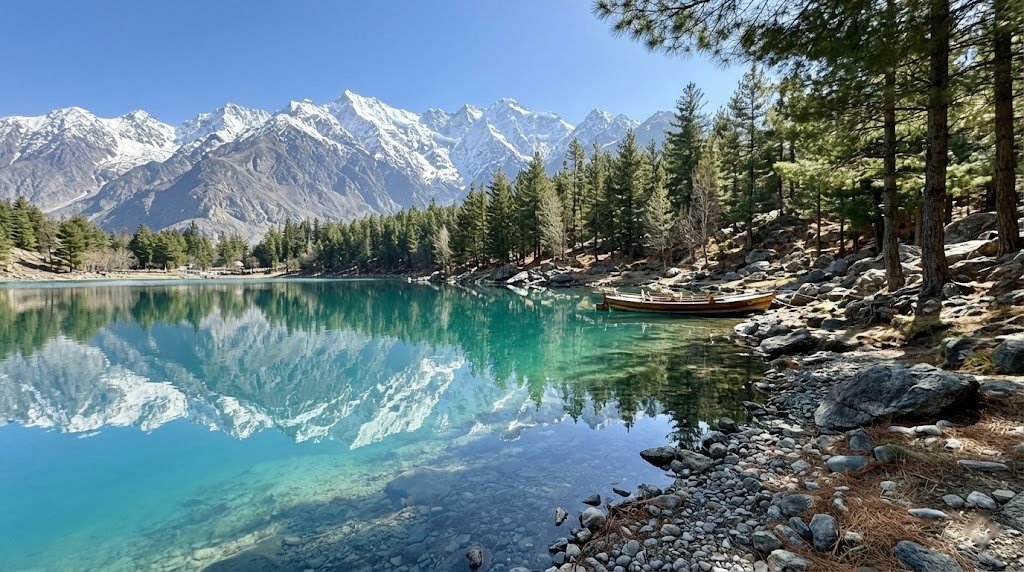 Crystal clear turquoise waters of Upper Kachura Lake reflecting snow-capped Karakoram peaks, Skardu northern Pakistan