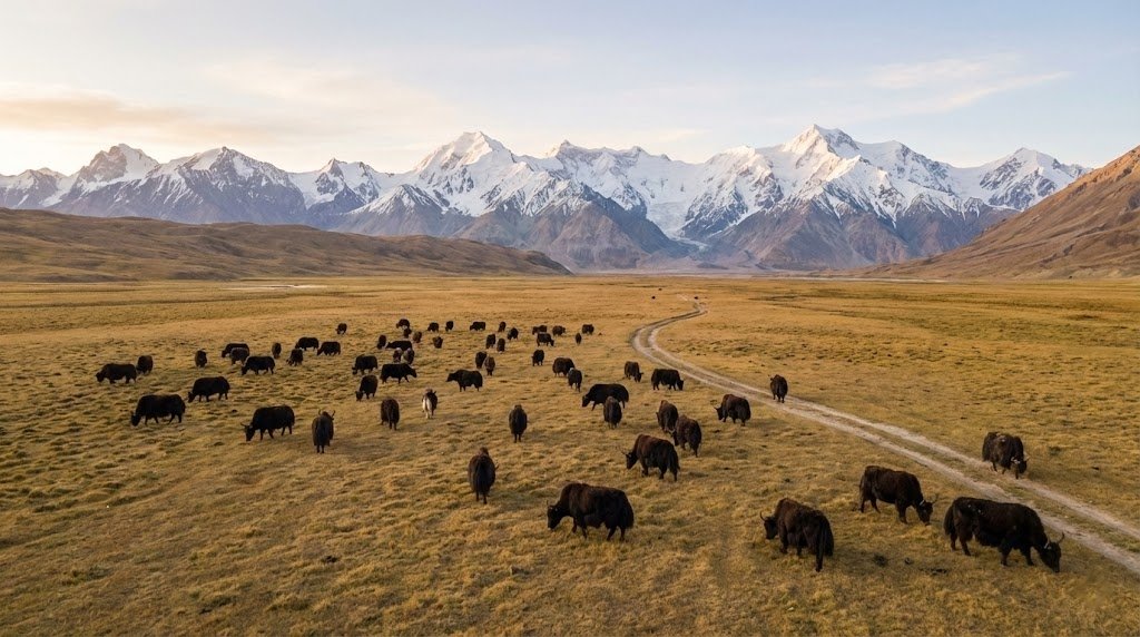 Herd of yaks grazing on the Shimshal Pamir high altitude plateau with dramatic snow-capped Karakoram peaks, Hunza Pakistan