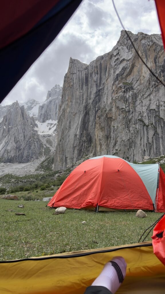 The view from a trekking campsite in Nangma Valley, Skardu, Pakistan, looking out at the sheer granite walls that make this valley a world class rock climbing destination in the Karakoram range.